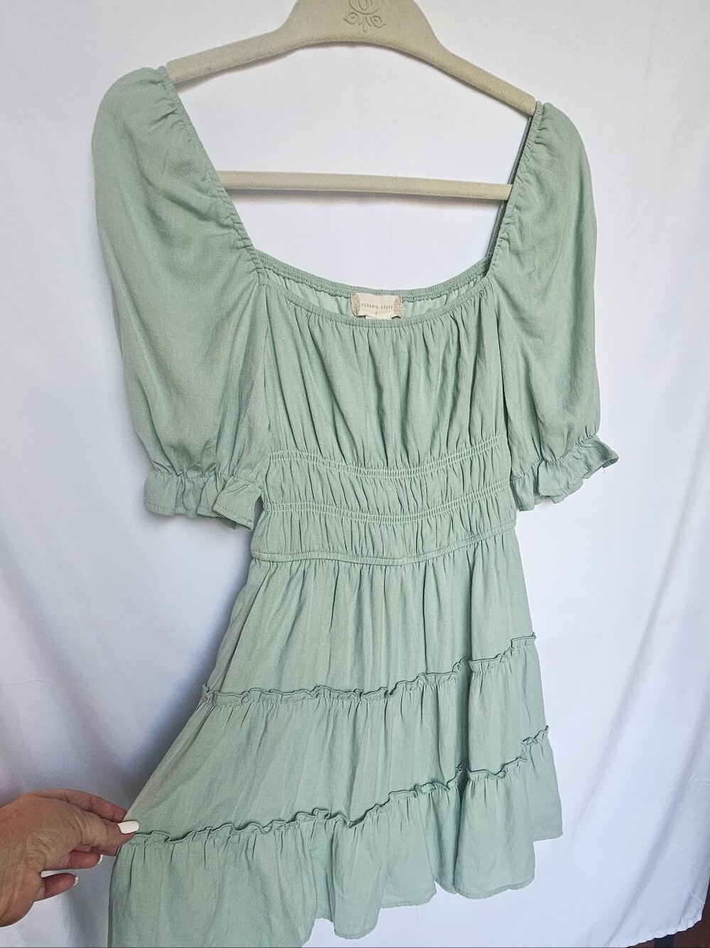 Altar'd State Sage Green Smocked Midi Dress with Puff Sleeves